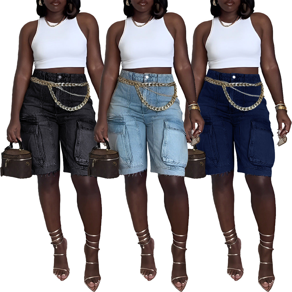 Women Ripped Cargo Denim Pants 13
