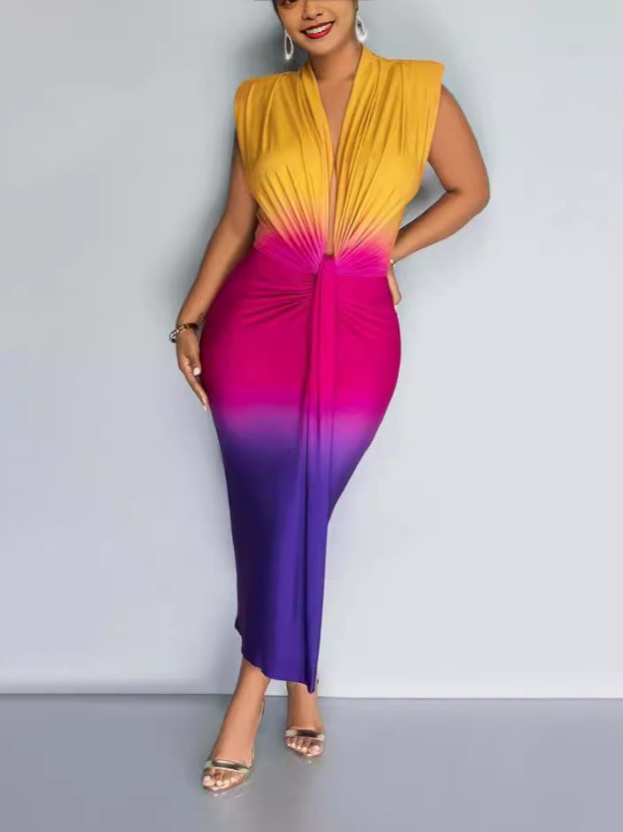 Spring Summer Gradient Print Sleeveless Deep V Neck Long Tight Fitting Bodycon Dress 4