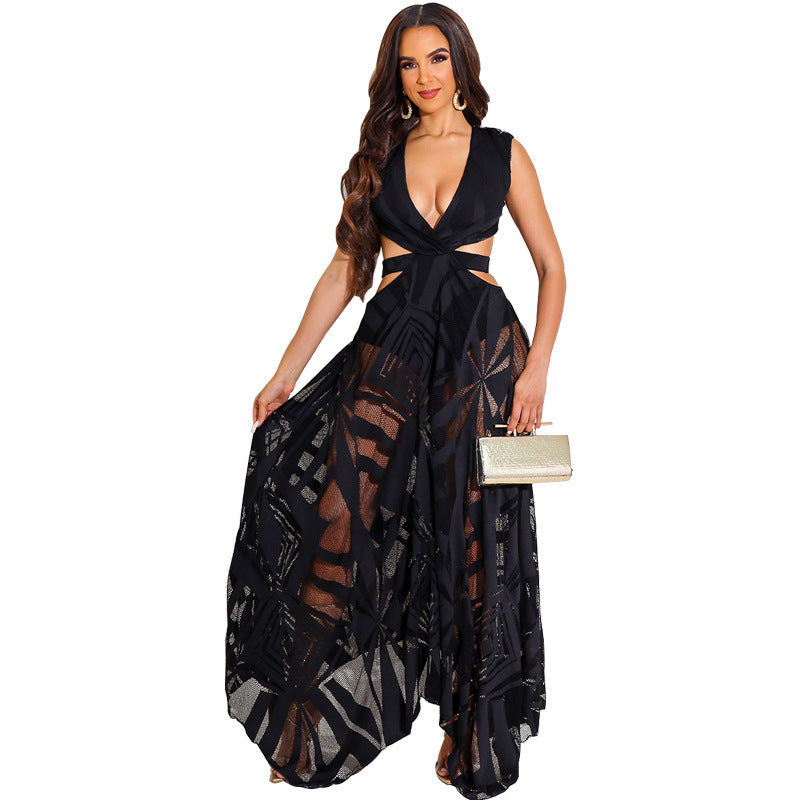 Women Clothing Summer Sexy Sleeveless V-Neck Waist Cutout See-Through Casual Women'S Maxi Dress 7