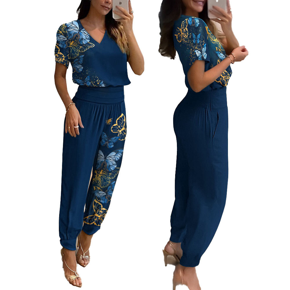 Women's Fashion Casual V-Neck Printed Short-Sleeved Trousers Set Two-Piece Set 19