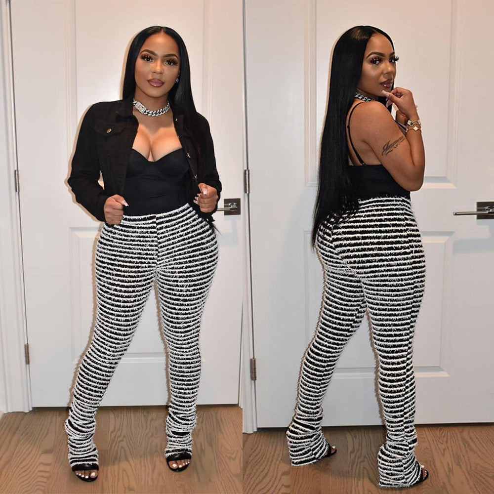 Plus Size WomenKnitting Stripe High Waist Trousers 3