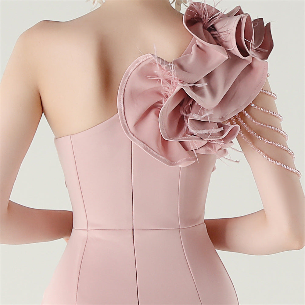 Women One-Shoulder Beaded Wool and Floral Satin Slit Sexy Evening Dress 64