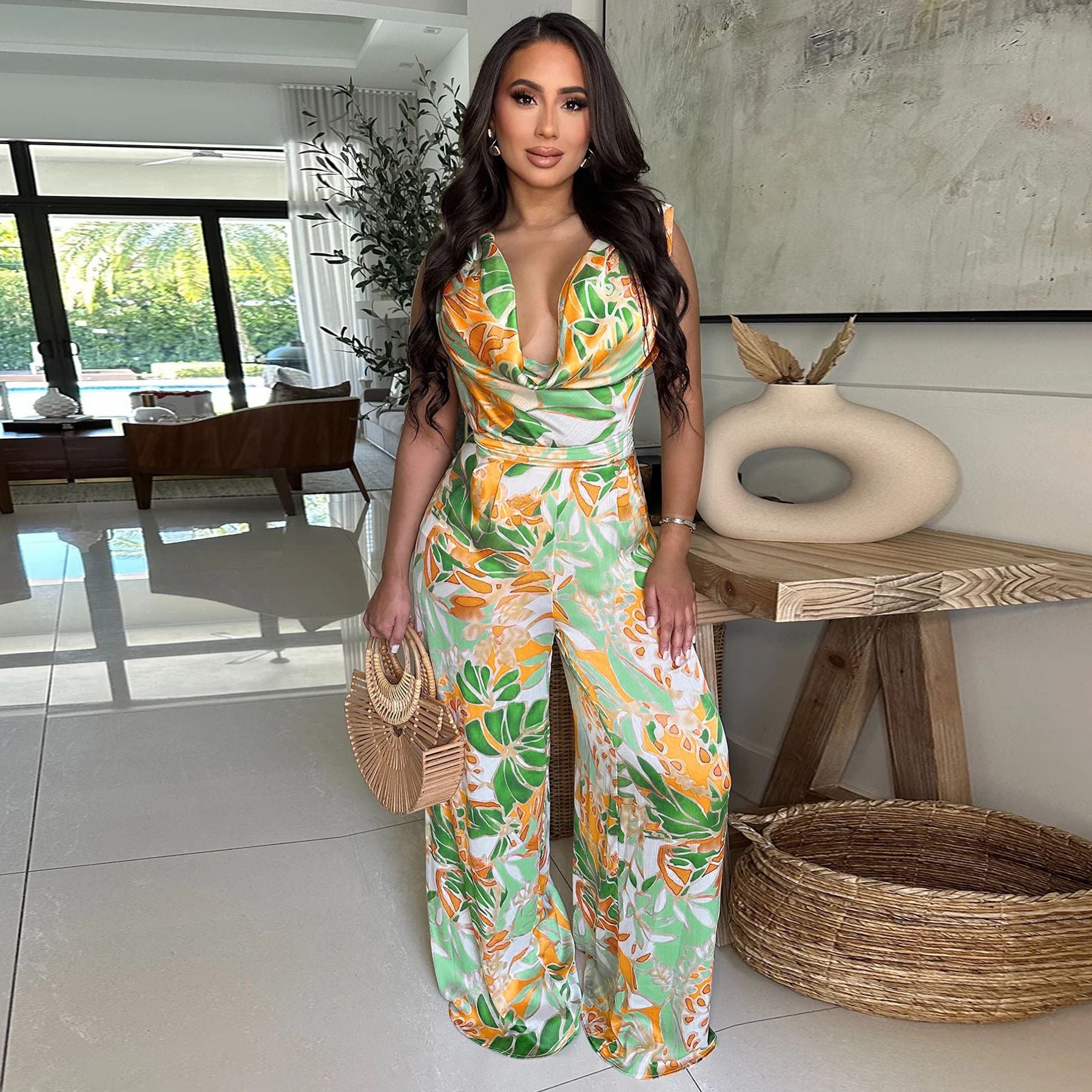 Fashionable women's sleeveless print wide leg jumpsuit