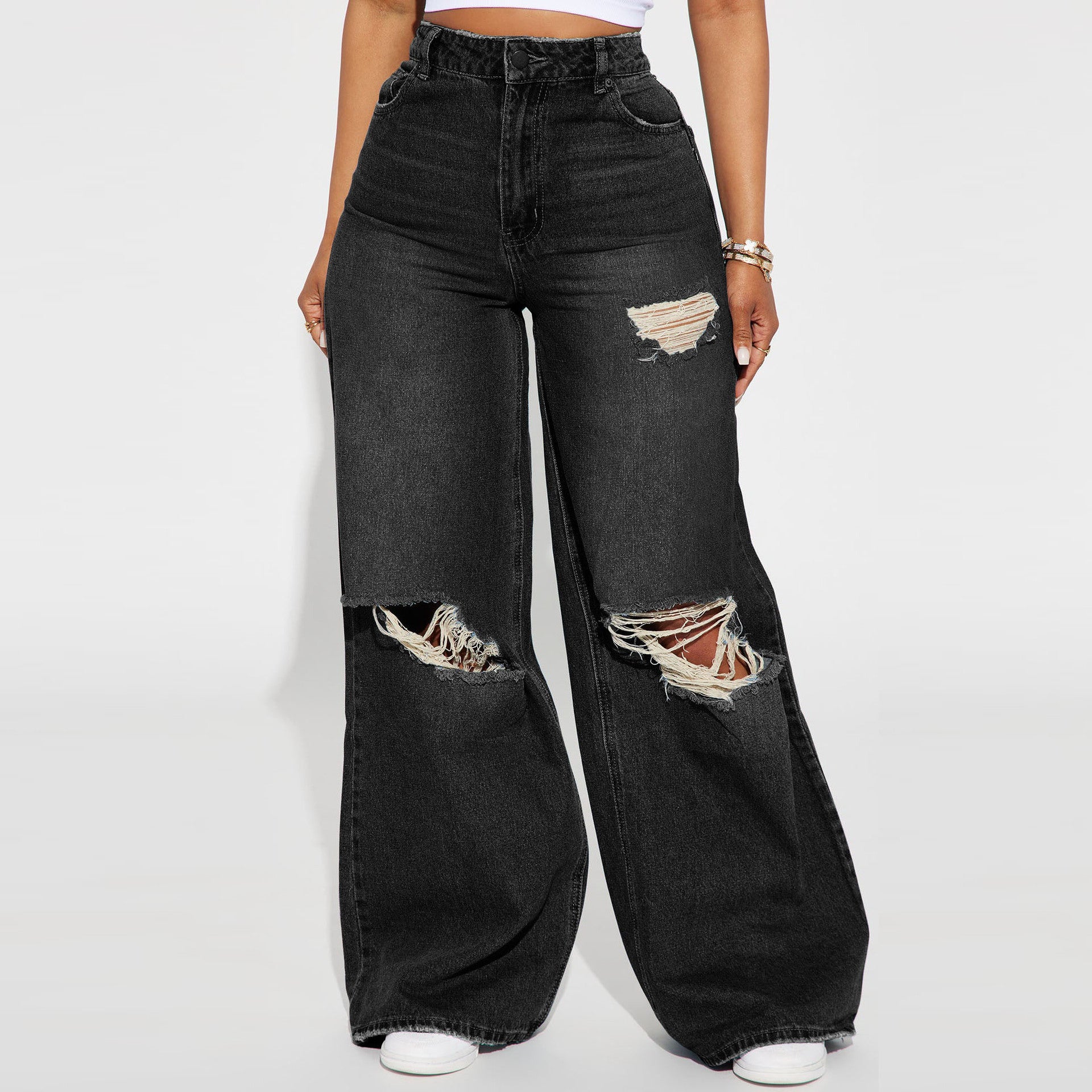 Autumn Winter Ripped Wide-Leg Denim Pants 7