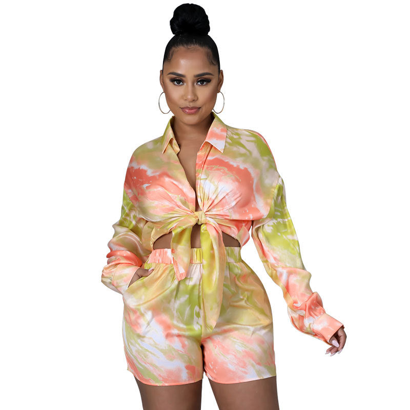 Women Chic Print Long Sleeve Shirt + Shorts Two Piece Set