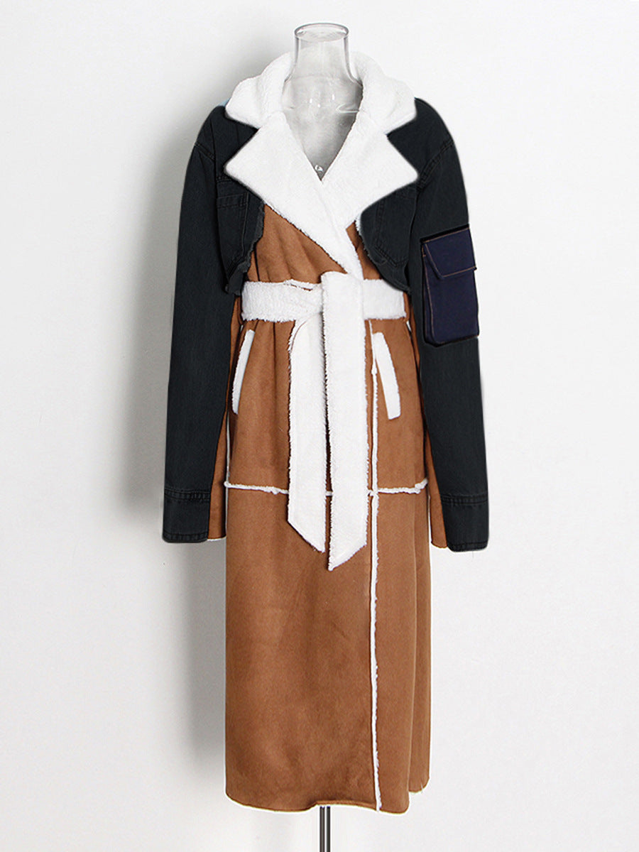 Women Autumn/Winter Turndown Collar Long Sleeve Lace-Fly Lamb Maxi Colorblock Denim Coat 6