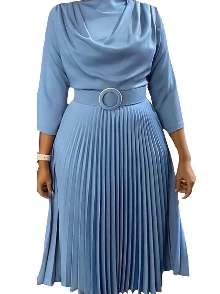 Autumn Women's Fashion African Plus Size Solid Color Pleated Dress 10