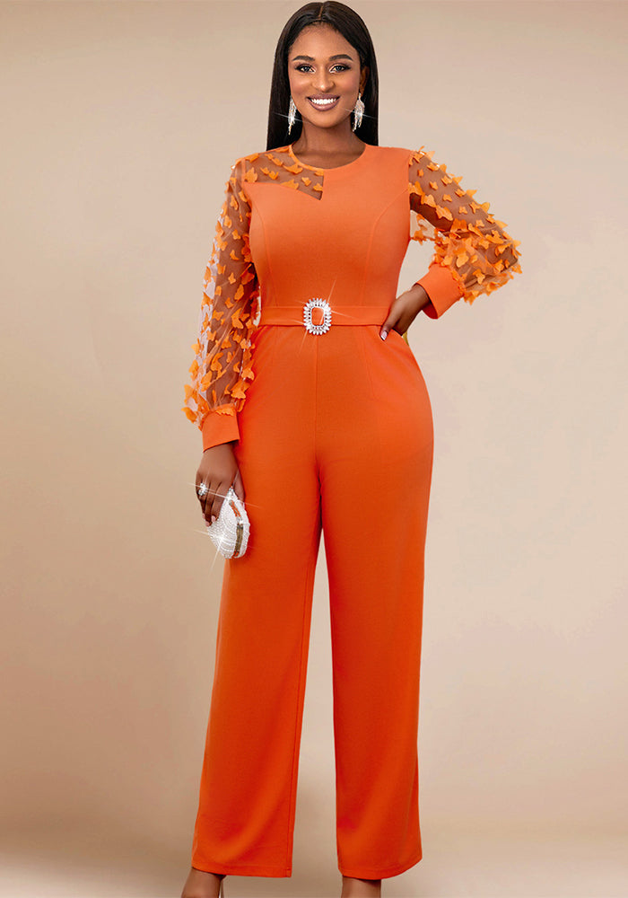 Women See-Through Lantern Sleeve Formal Party Jumpsuits