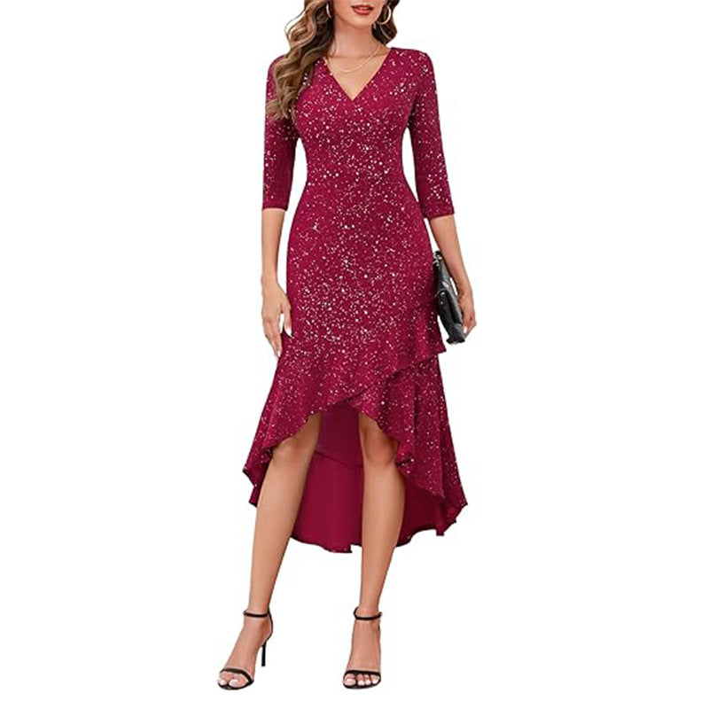 Women's Sequin Cocktail Party Dress Sparkly 3/4 Sleeve uffle High-Low Evening Gown 9