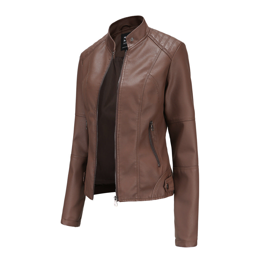 Women'S Leather Clothes Women'S Spring Autumn Coat Women'S Plus Size Stand Collar Slim Thin Leather Jacket 12