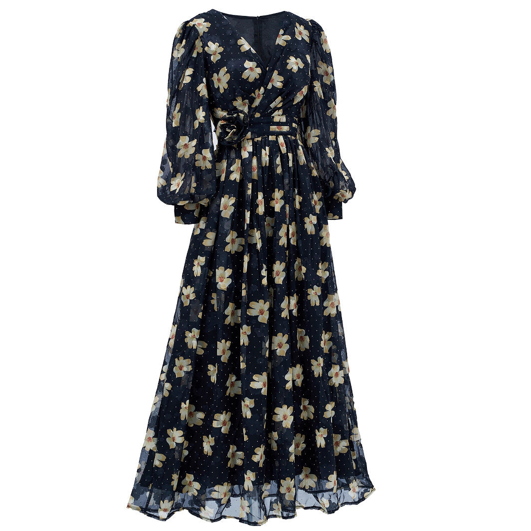 Elegant Women's Long-Sleeve V-Neck Ruffled Formal Party Mesh Evening Gown