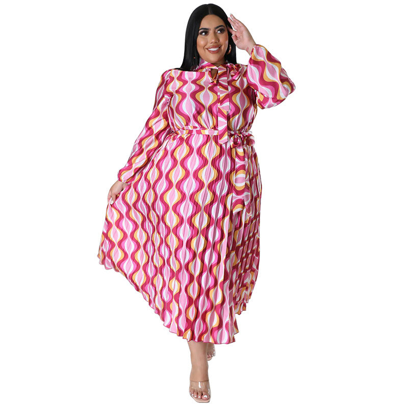 Plus Size Women Lace-Up Long Sleeve Printed Pleated Dress 39