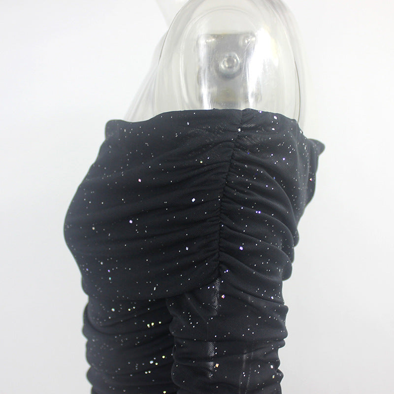 Womens Sexy Off Shoulder Off Shoulder Pleated Bodycon Dress 12