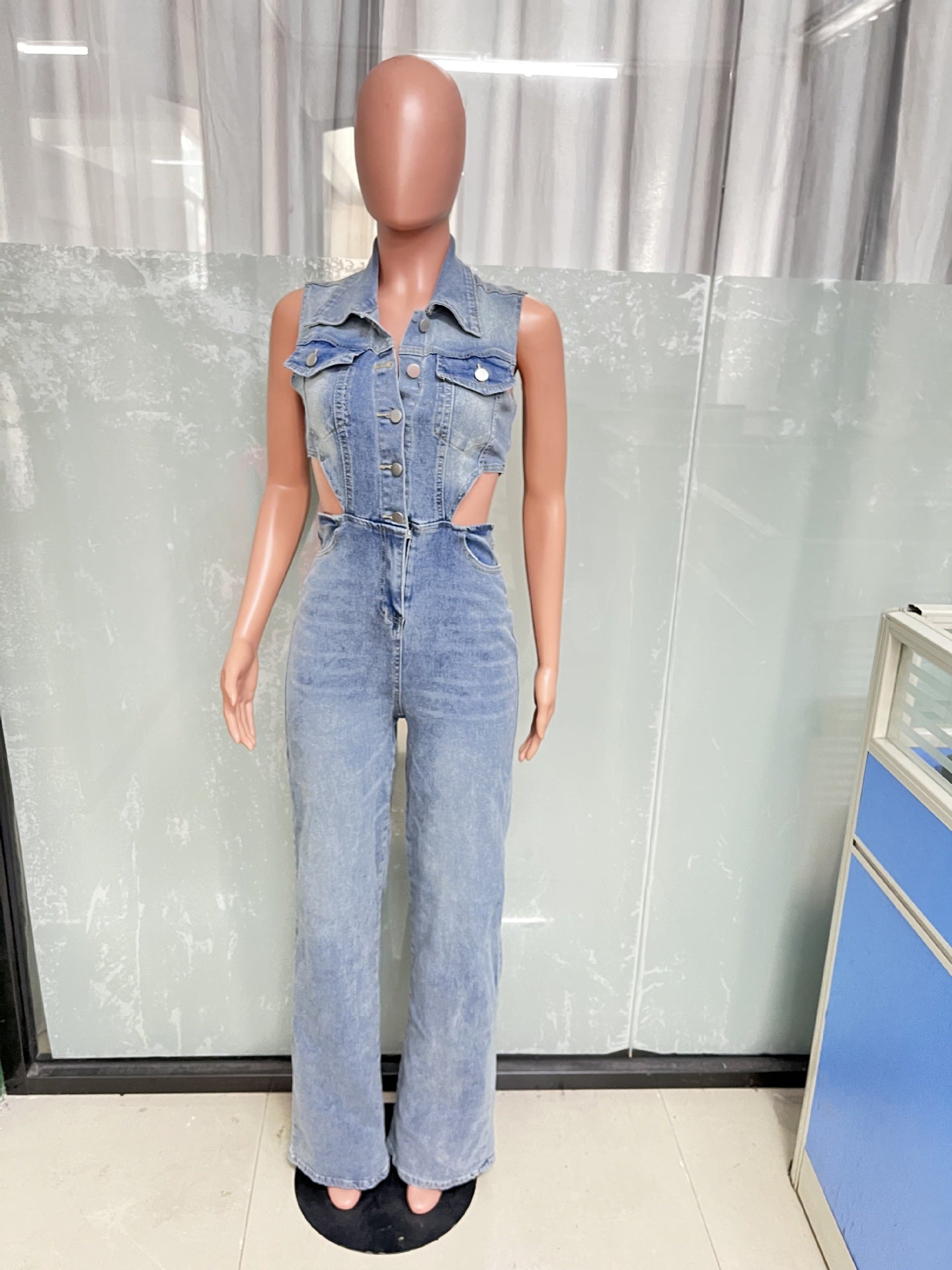 Tight Waist Slim Straight Loose Leg Washed Denim Jumpsuit 7