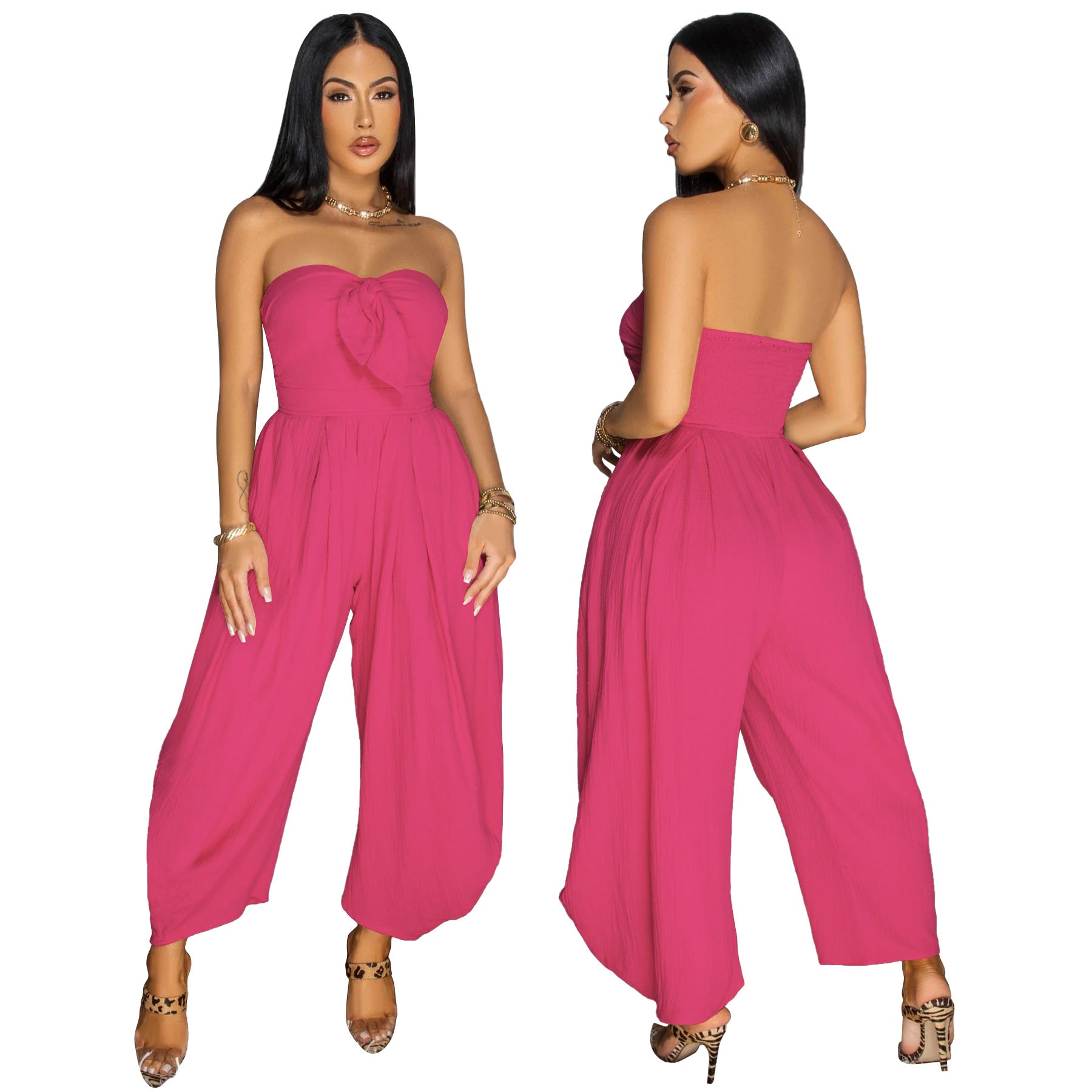 Women's Summer Sexy strapless Solid Color loose Jumpsuit 6