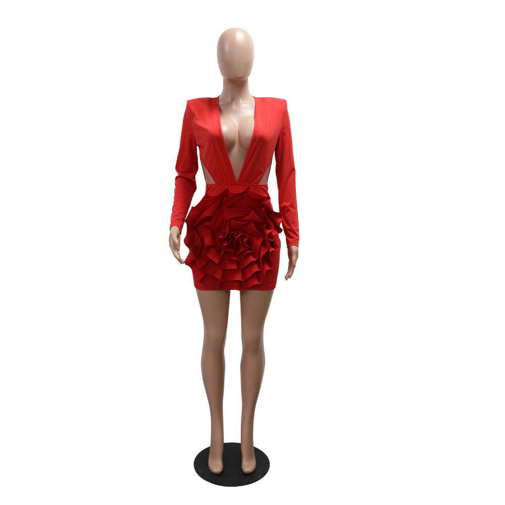 Women Fashion Sexy V-Neck Solid Color Long Sleeve Bodycon Short Evening Dress 11