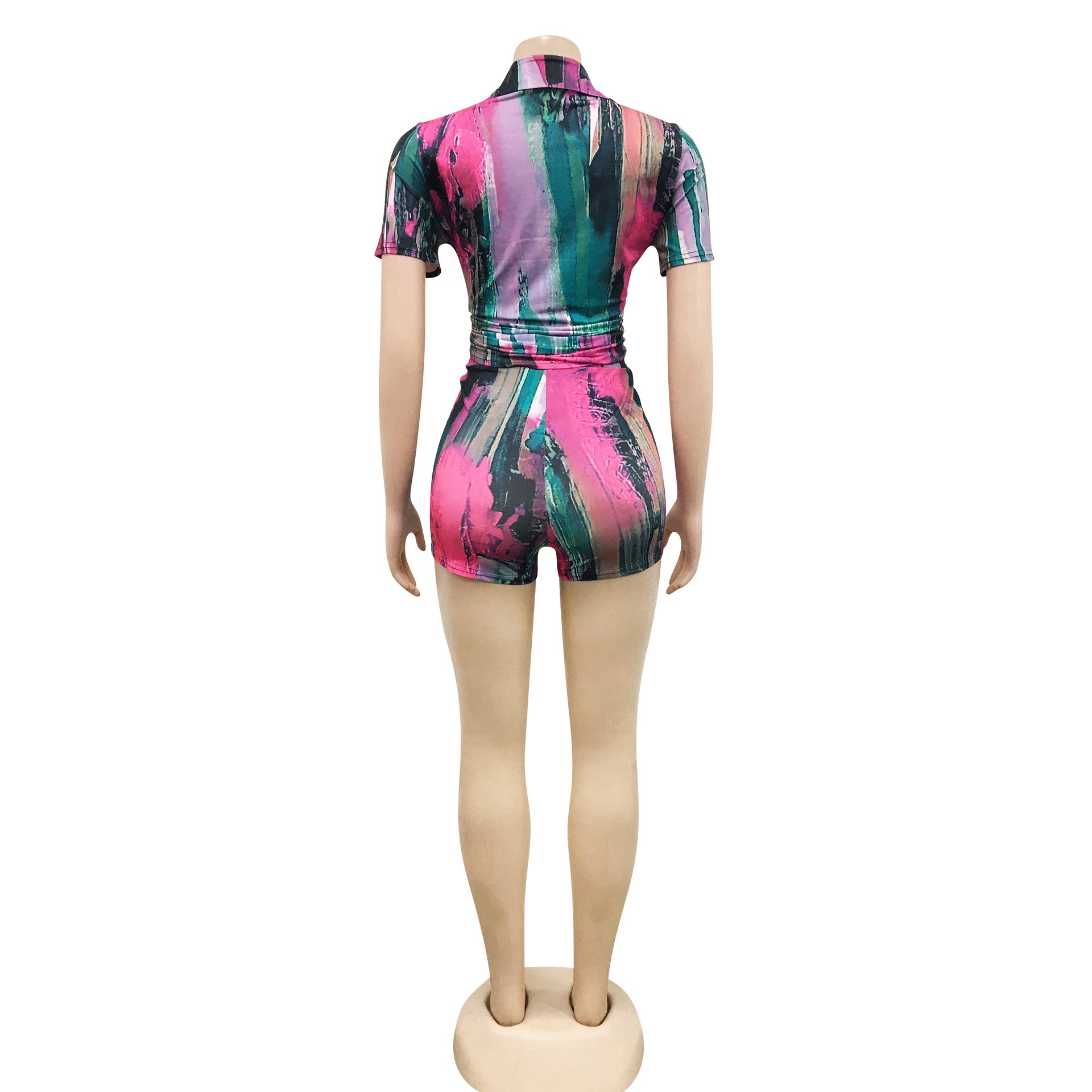 Trendy Print V-Neck Long-Sleeve Two-Piece Shorts Set 12