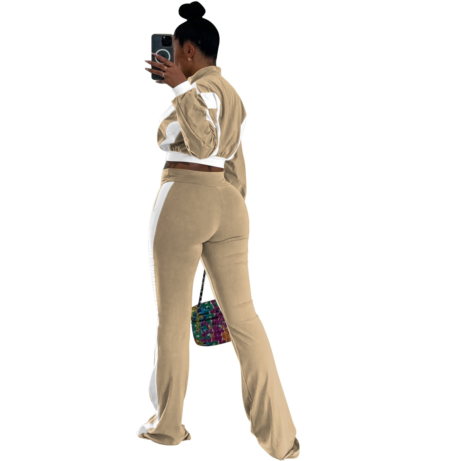 Women's Chic Casual Color-Block Long-Sleeve Zipper Top Slim Fit Bell Bottom Pants Set 6