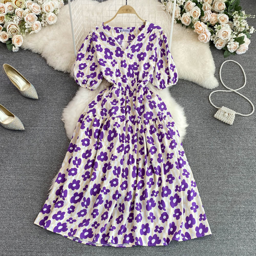 Women Summer V-Neck Puff Sleeve Floral Dress 17