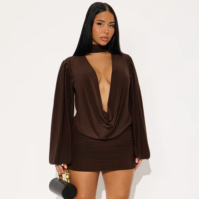 Women Fall Solid Casual V-Neck Long-Sleeved Top and Mini Skirt Two-Piece Set 13