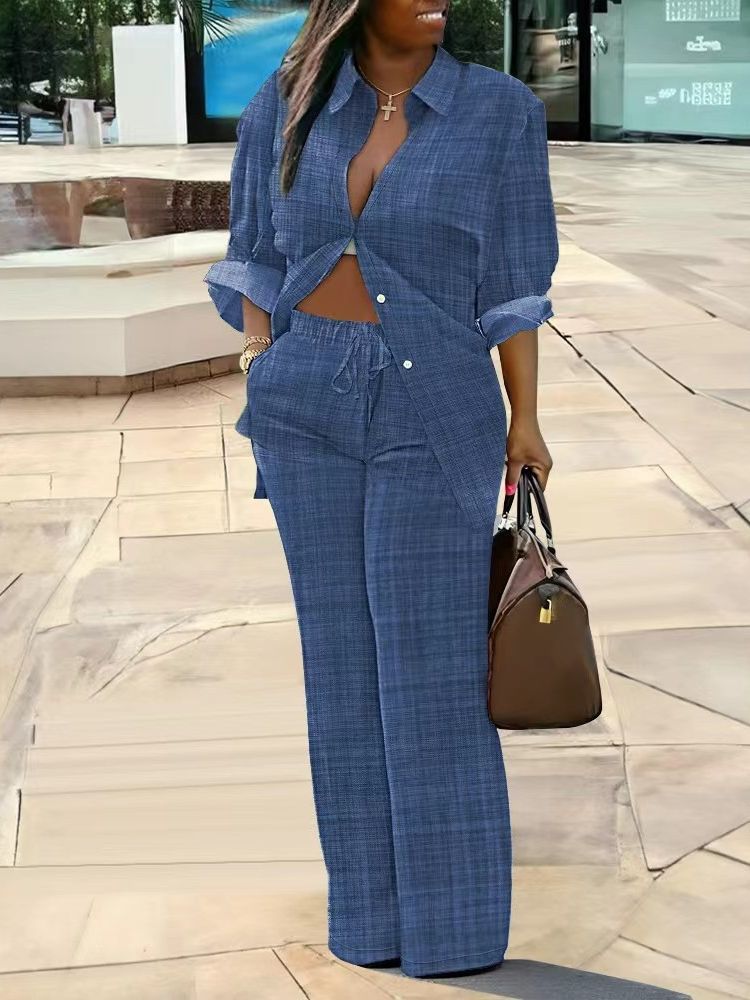 Women's Fashion Casual Print Long Sleeve Shirt Pants two piece Set 9