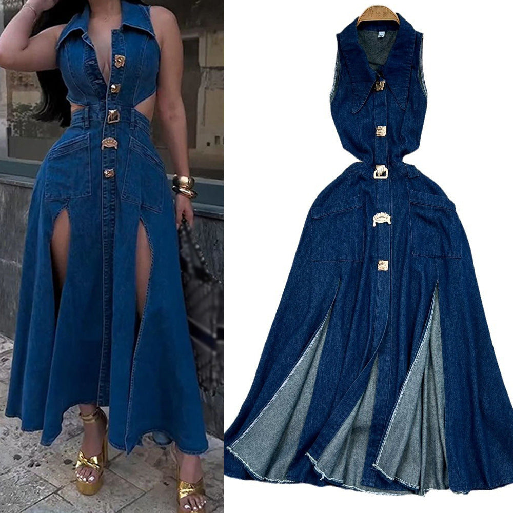 Turn-Down Collar Denim Dress Cut-Out Waist Slim Fit A-Line Slit Casual Long Dress 6