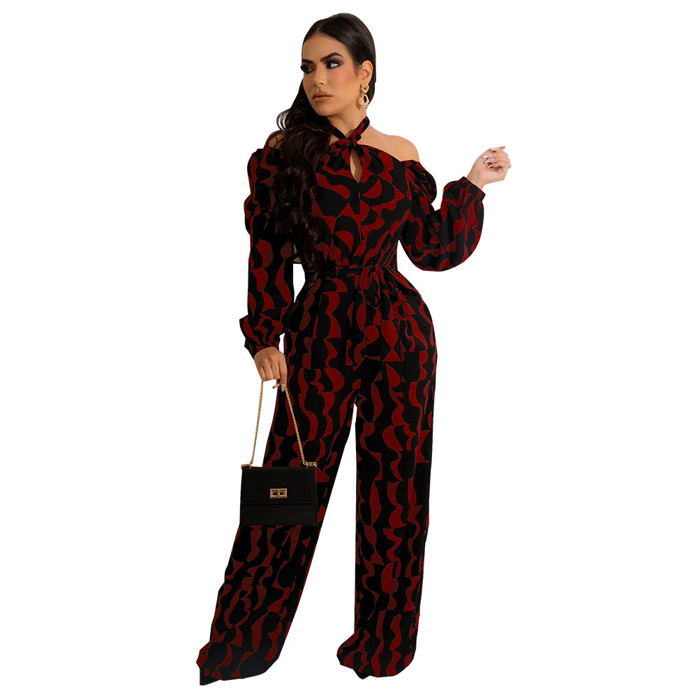 Women Printed Long Sleeve Halter Neck Jumpsuit 5