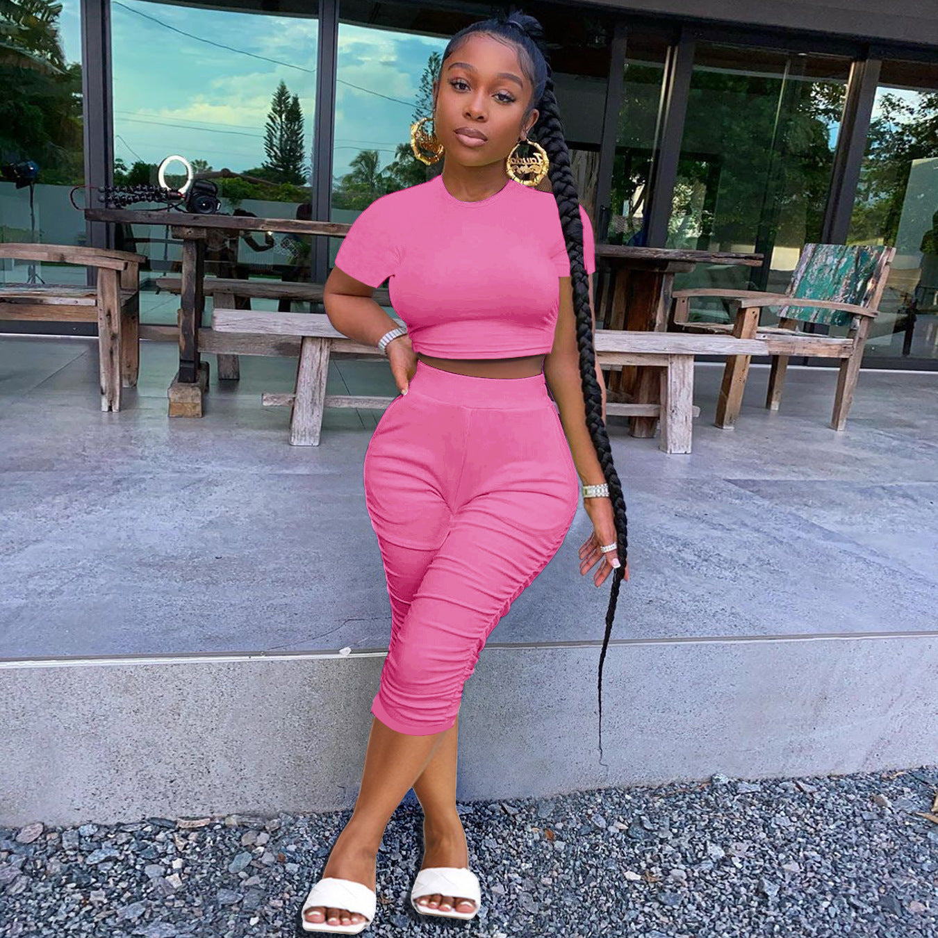 Summer Women's Solid Color Tight Fitting Cropped Short Sleeve T-Shirt Women's Pleated Two Piece Set 5