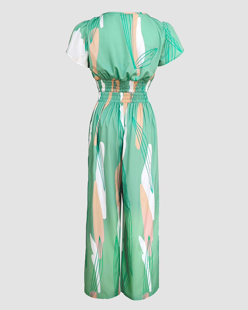 Summer Color Block Printed Short Sleeve Lace-Up Top Wide Leg Pants Two-piece Set 4