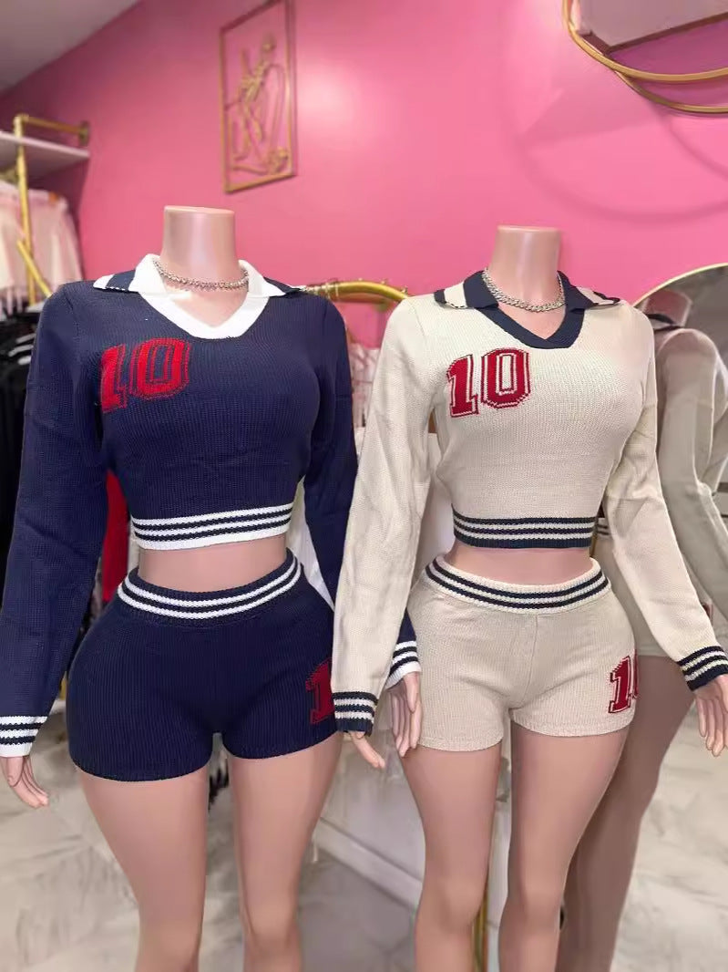 Women autumn turndown collar contrast color long-sleeved top shorts two-piece set 6