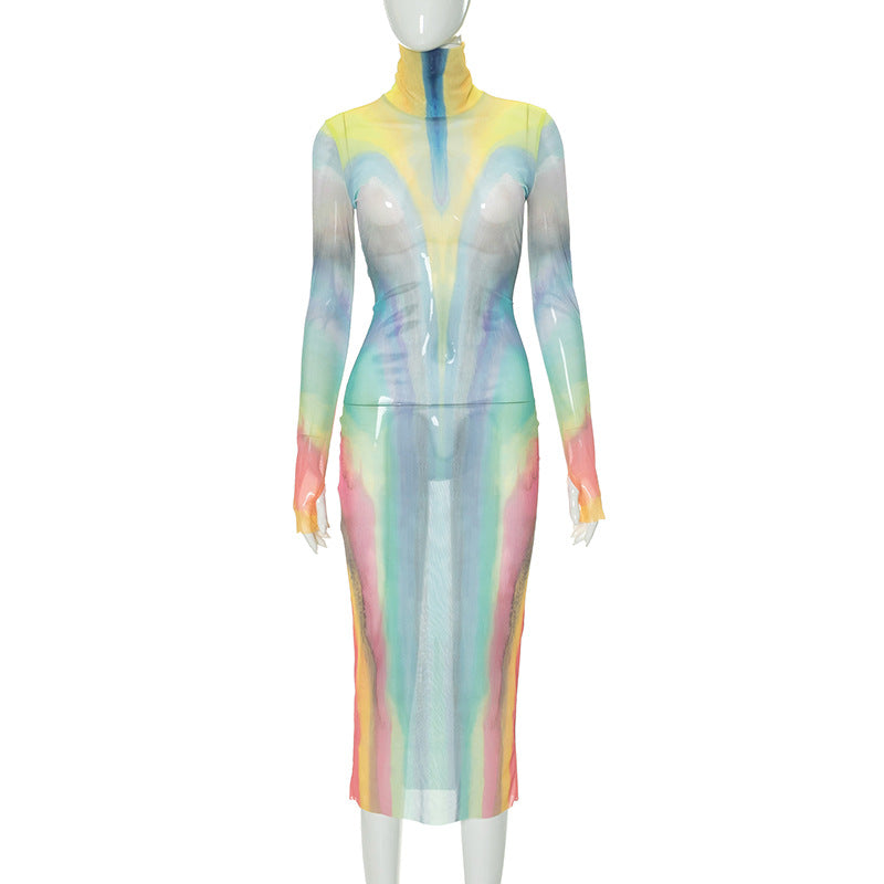 Women Autumn Sexy Mesh See-Through High Neck Long Sleeve Dress 9