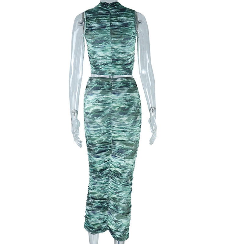 Printed Sleeveless Drawstring Top and Skirt Two-piece Set 11