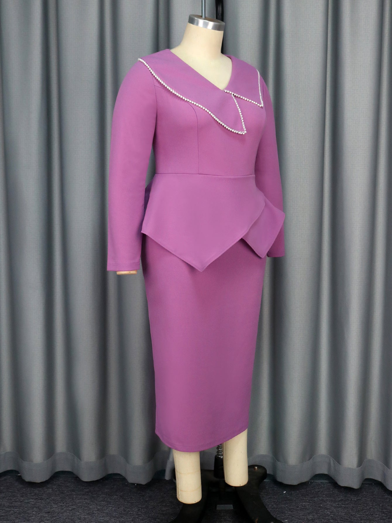 Chic Purple Ruffle Pearl Long-Sleeved Midi Dress 5