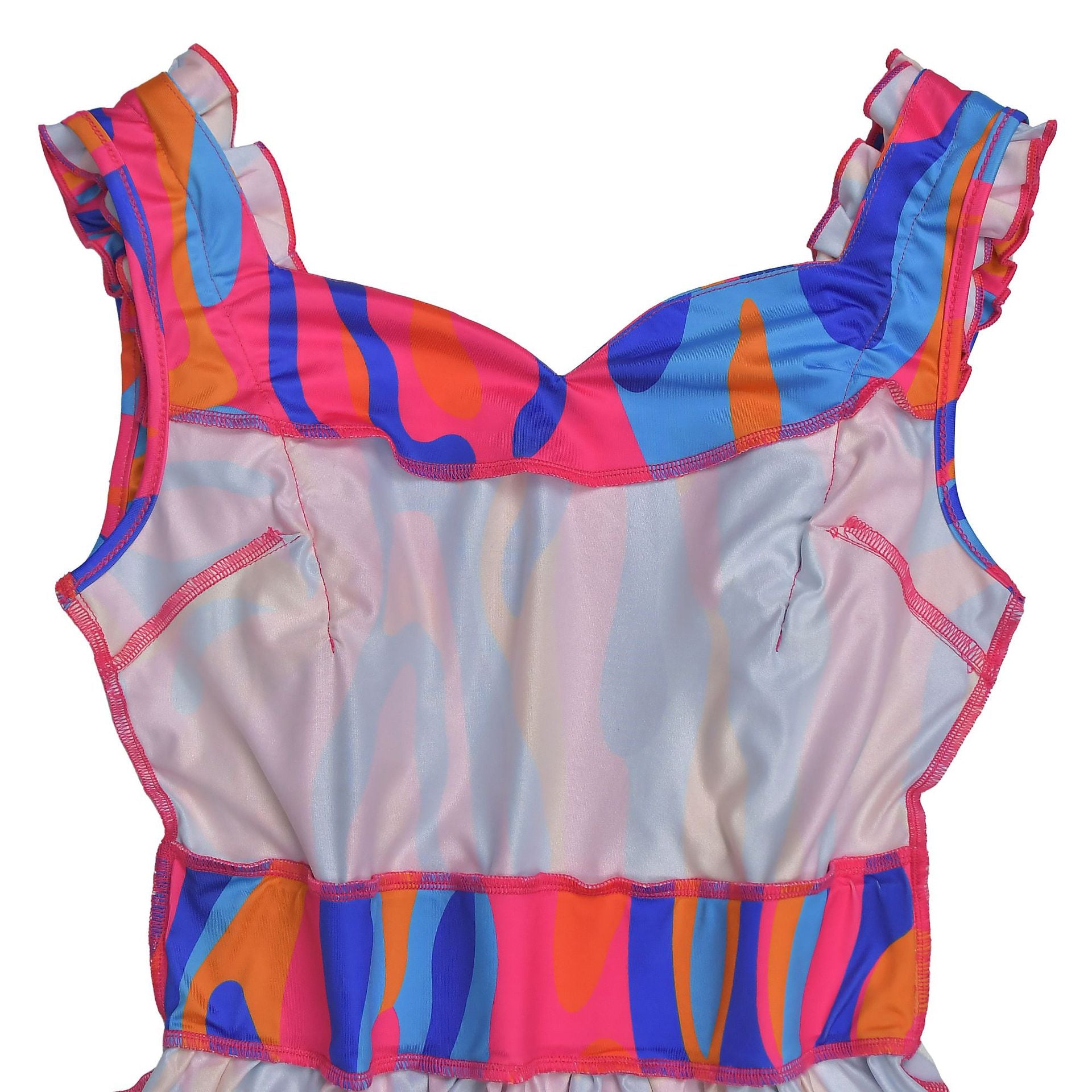 Women elegant ruffled shoulder strap printed dress 14