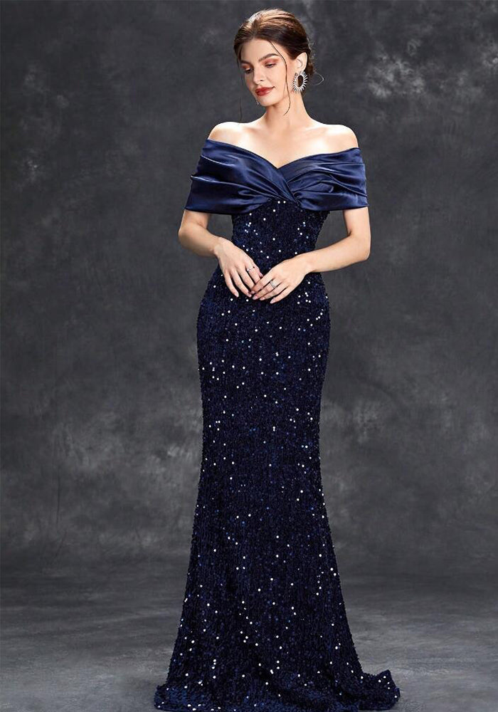 Women Off Shoulder Fishtail Sexy Sequin Party Evening Dress