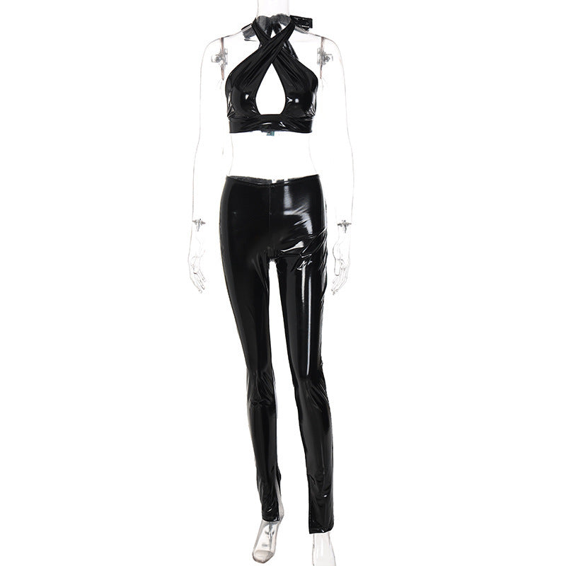Women sexy hollow backless Pu Leather Top and Pant two-piece set 10