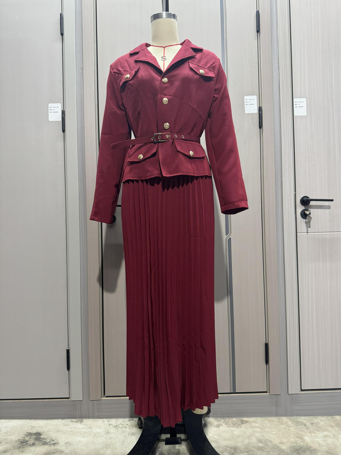 Women Button Blazer and Pleated Skirt Two Piece Set 24