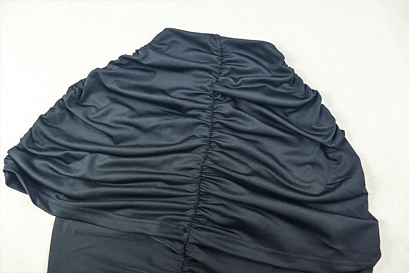 Elegant Women's Pleated Solid Color Bodycon Slim High Neck Short-Sleeve Long Dress 15