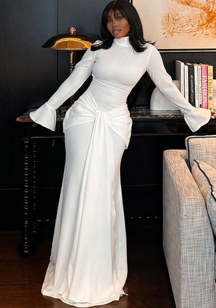 Women Solid Bell Bottom Long Sleeve Lace-Up Bodycon Dress