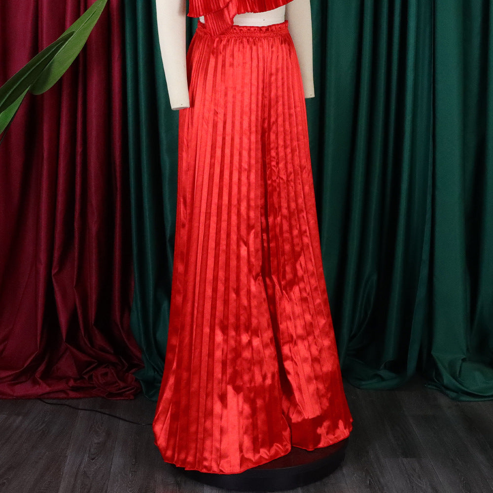 Summer Ladies Solid Color Casual Loose Pleated Wide Leg Pants African Trousers 14