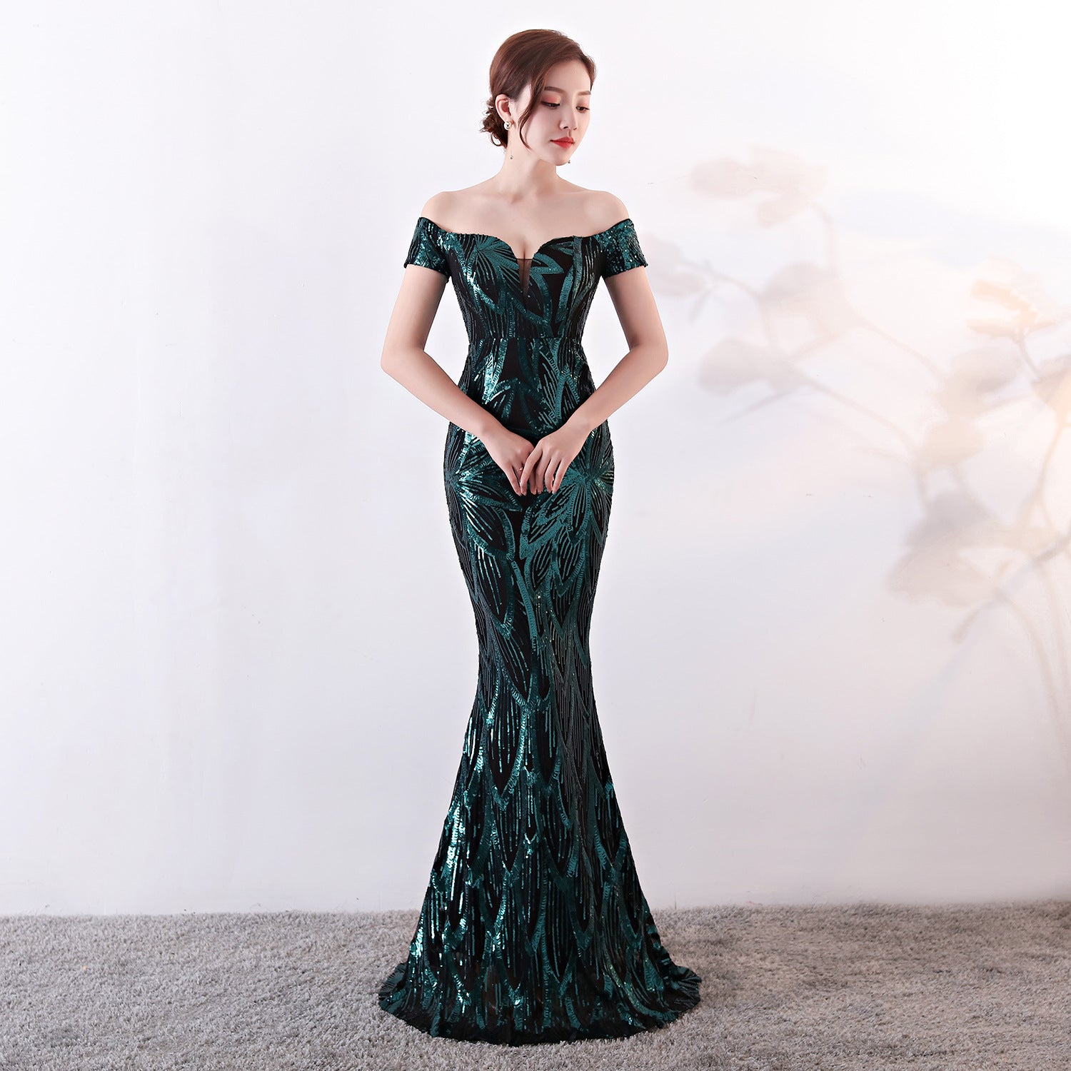 Off-Shoulder Slim Fit Sequin Fishtail Long Formal Party Evening Dress 10