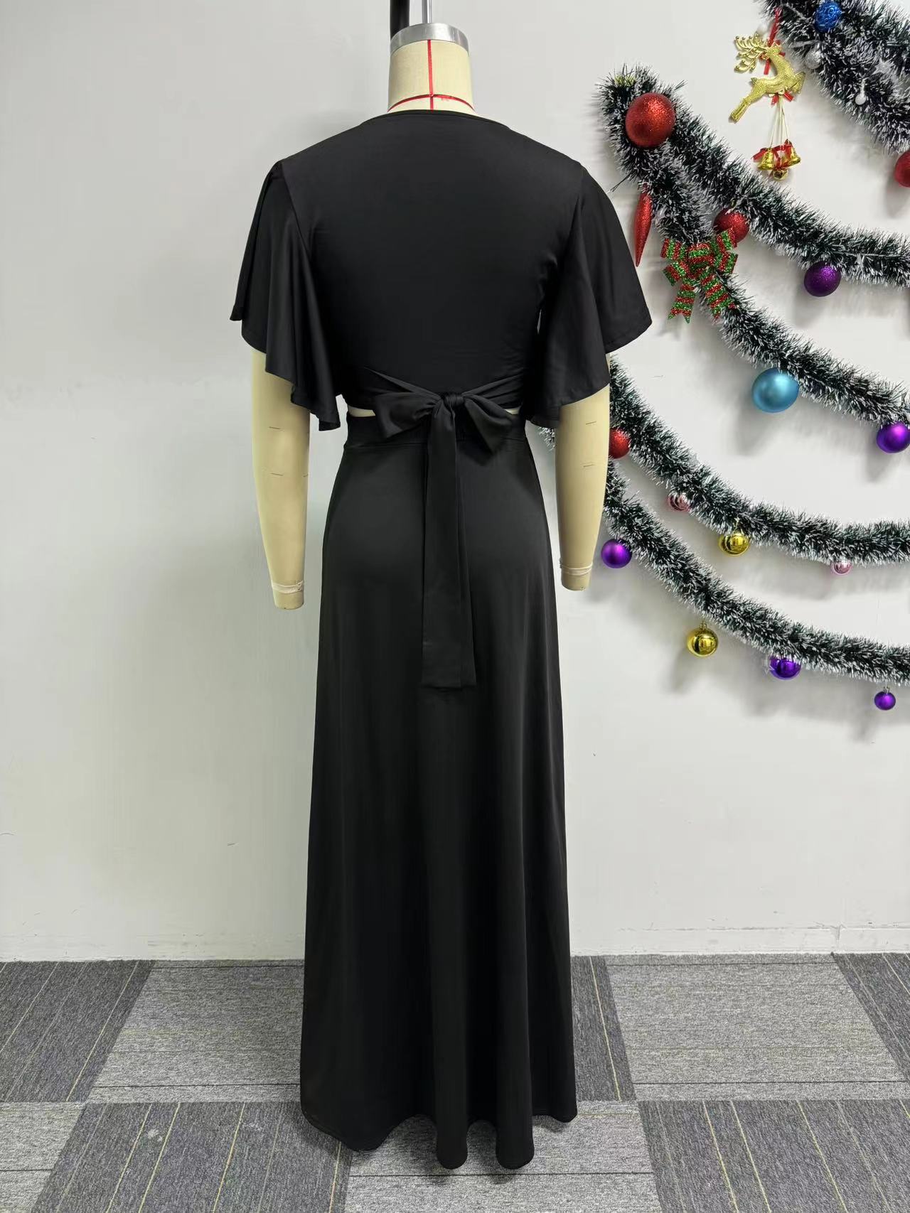 Sexy Solid Color Short Sleeves V-Neck Slit Two Piece Skirt Set 8