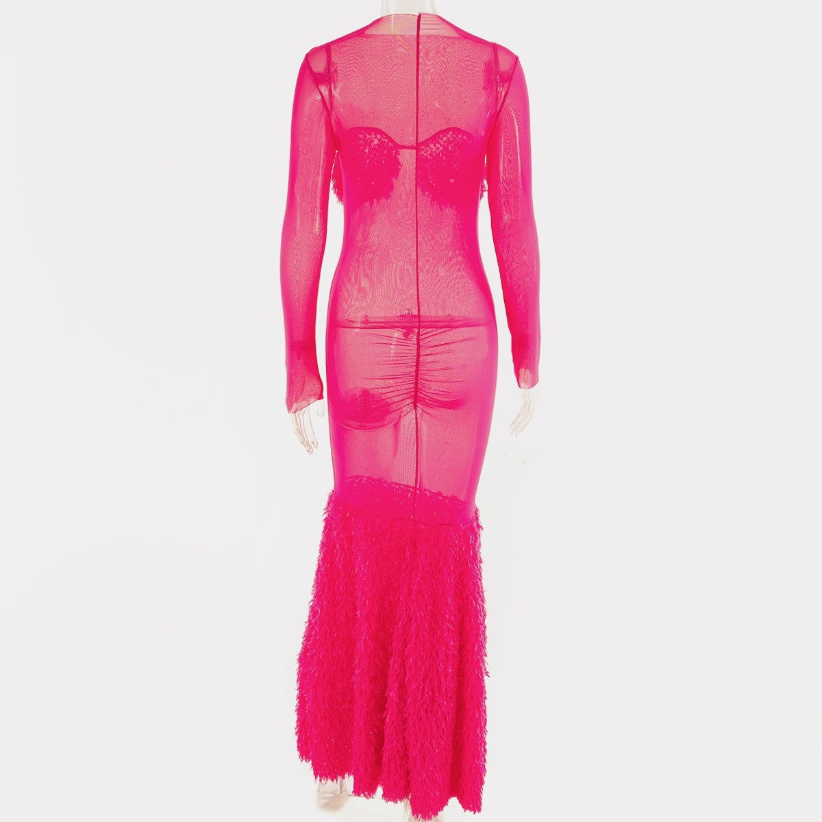 Women Mesh See-Through Round Neck Long Sleeve Patchwork Plush Fishtail Sexy Party Dress 9