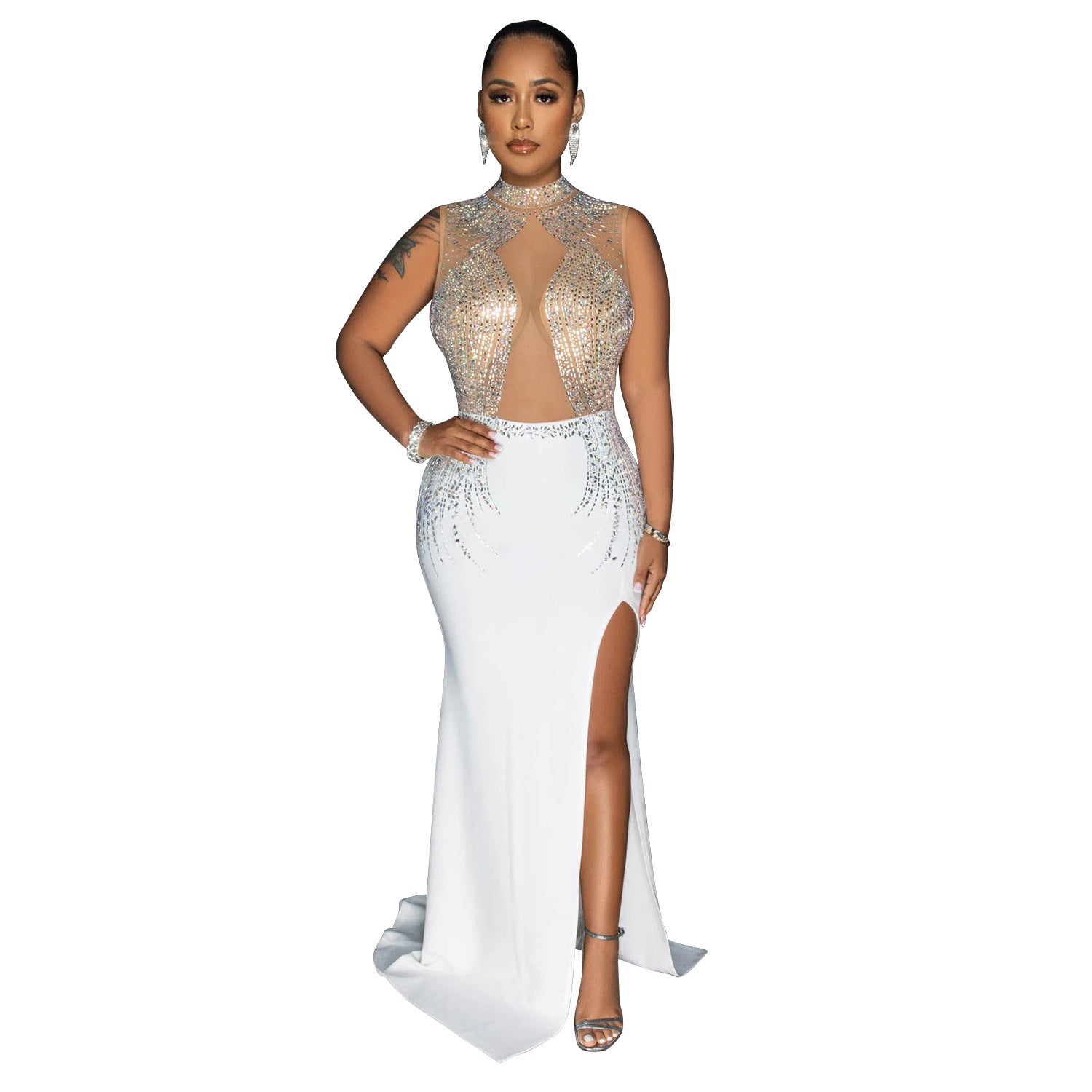 Women Solid Mesh Beaded Slit Maxi Dress 11