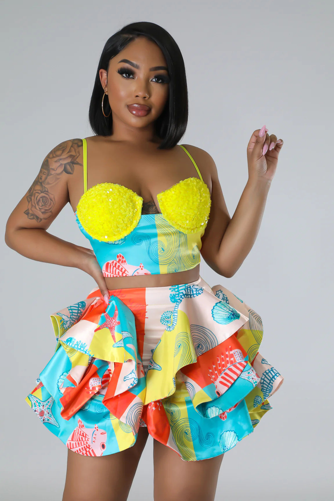 Women sexy printed beaded suspenders Strapless Top and Mini Skirt two-piece set 3