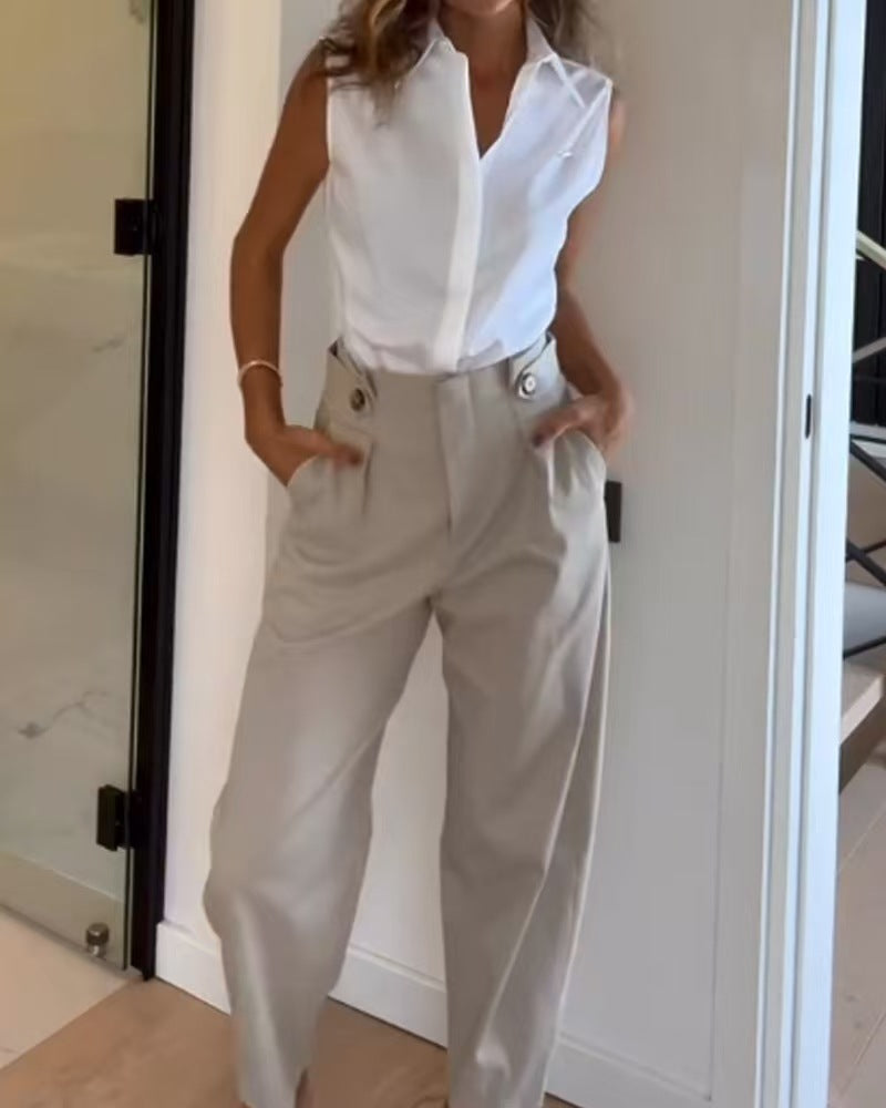 Women's Sleeveless Shirt High-Waist Straight Pants Set