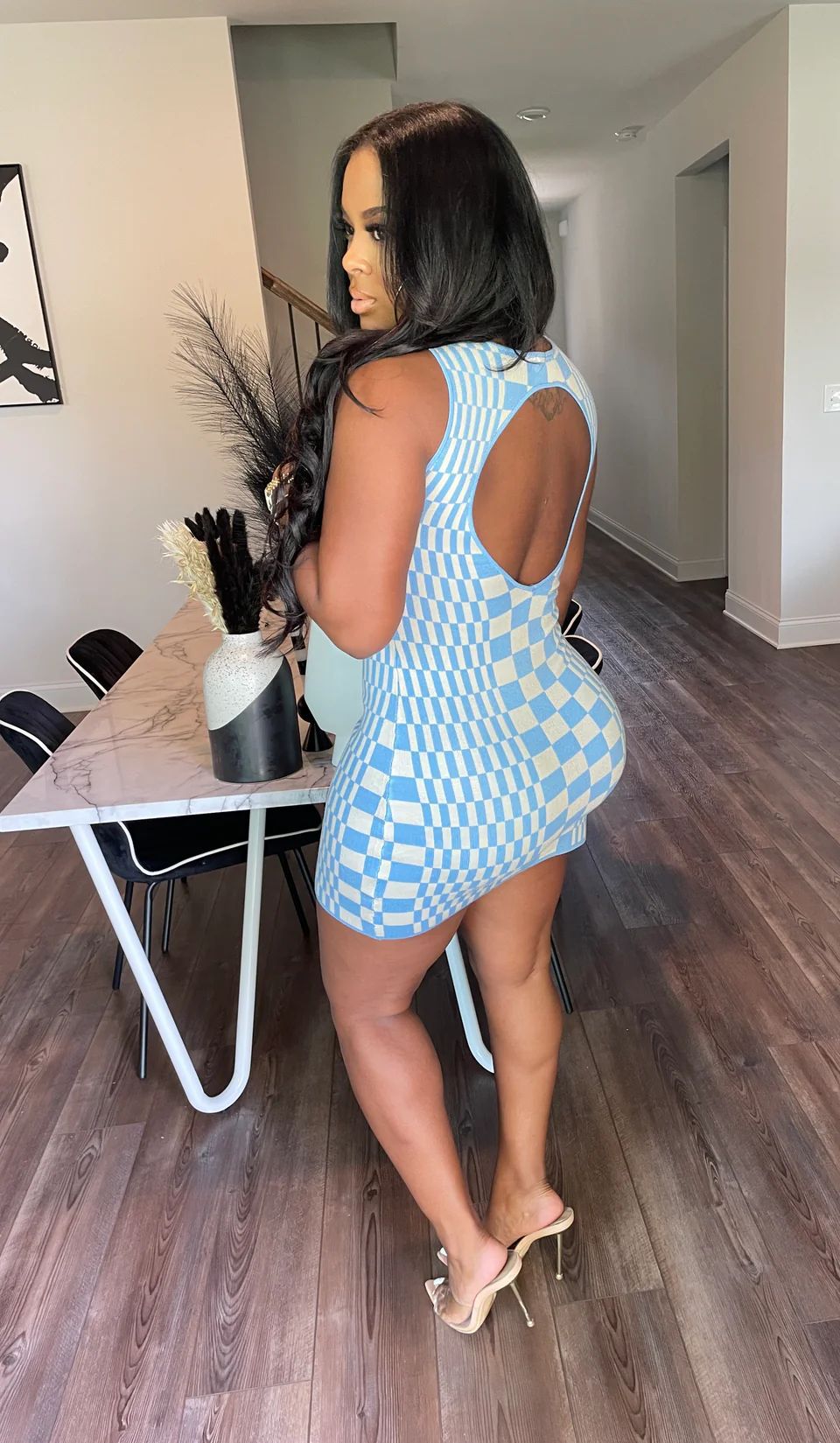 Women Checkerboard Halter Neck Strap Dress