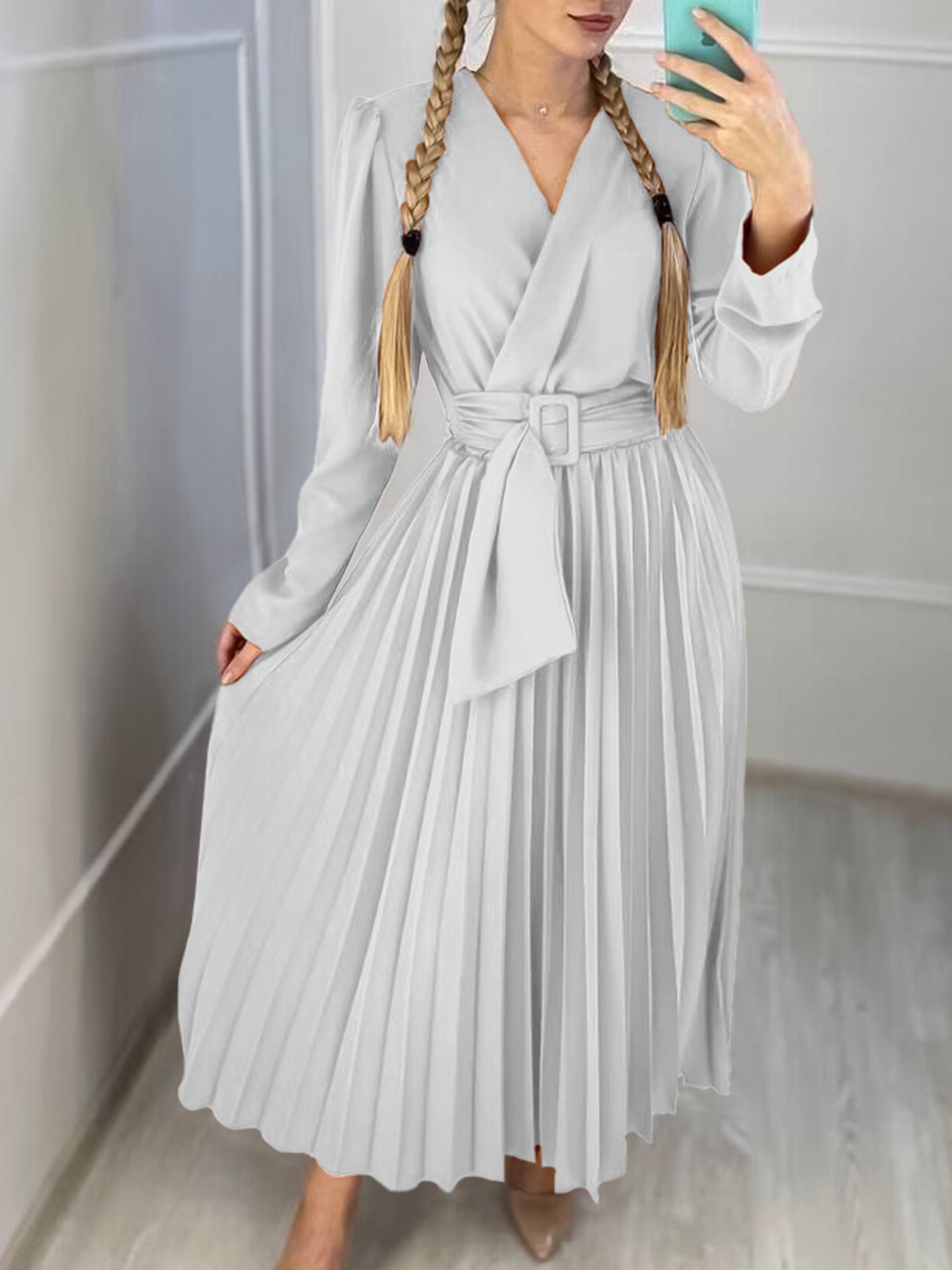 V-Neck Chic Elegant Slim Waist Belted Pleated High Waist Plus Size Dress 10