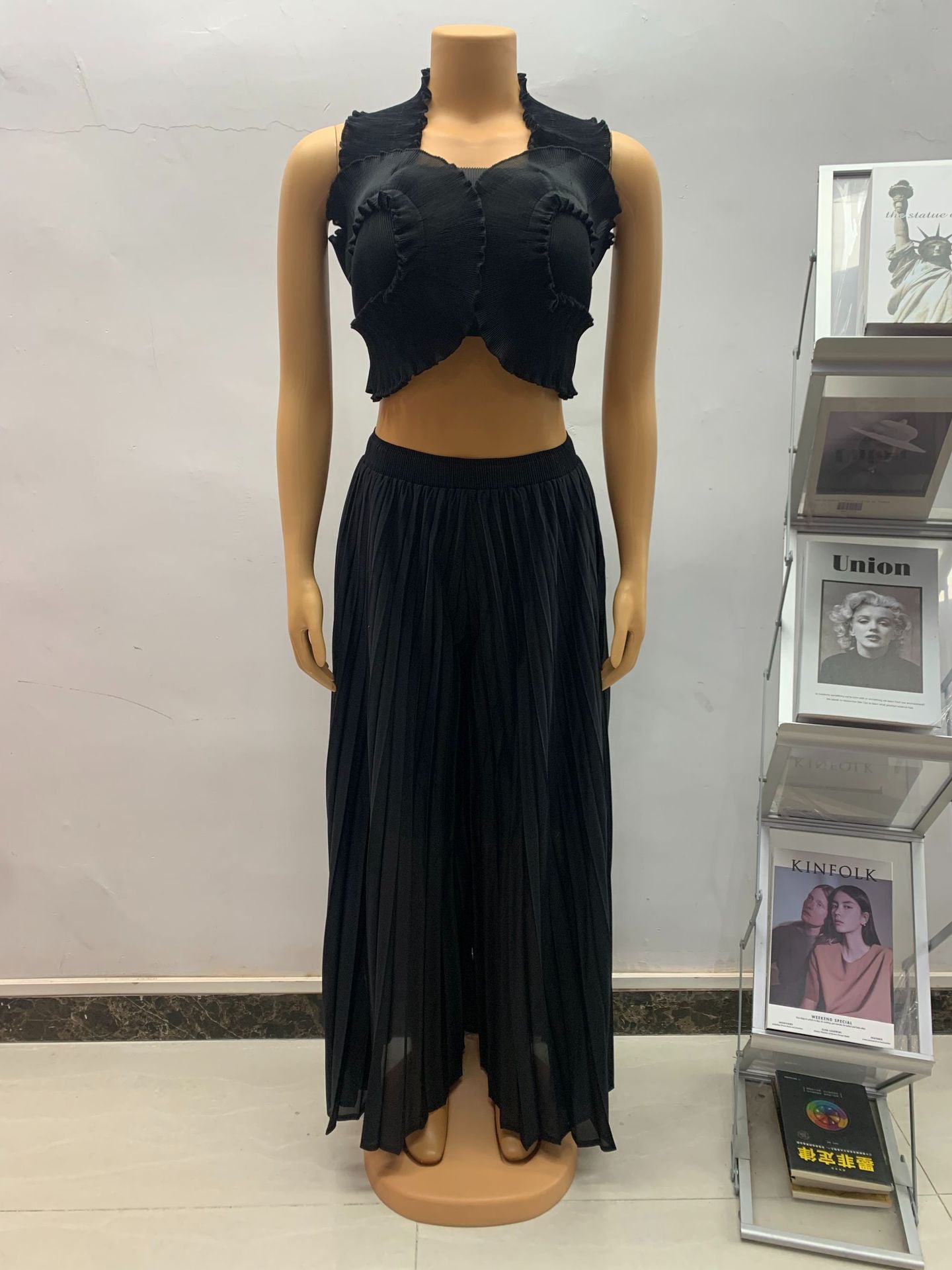 Women African Pleated Top + Wide Leg Pants Two-Piece Set 14