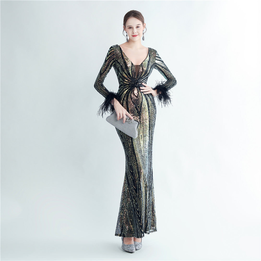 Women sequined ostrich fur long-sleeved evening dress 4